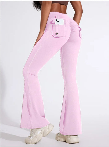 The Latest Women's Wide-leg High-elasticity Yoga Leggings Tooling Pockets Yoga Pants Hip-lifting Sports Fitness Pants Micro