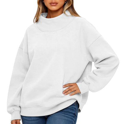 Fashionable Loose High Neck Long Sleeved Solid Color Hoodie for Lady Lazy Style Basic Casual Commuted Pullover Top