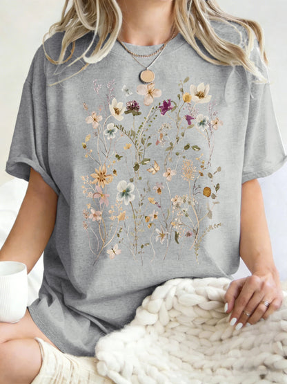 Beautiful Flower Clusters Printing Woman T-Shirt Summer Oversized Short Sleeve O-Neck Cotton T Shirts Y2K Women Sports Tops