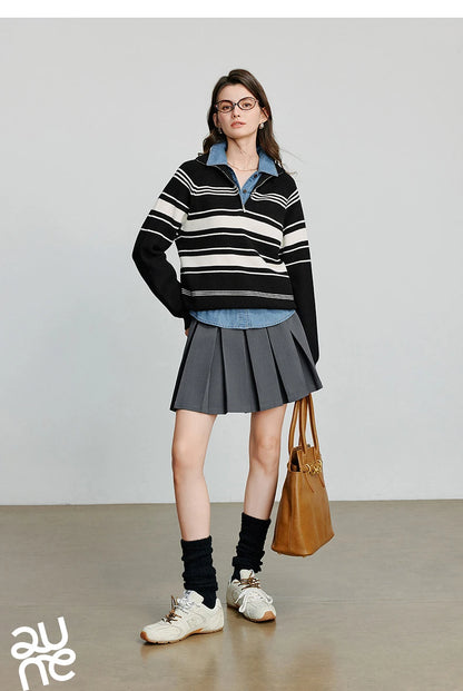 TOYOUTH Women Knitted Sweater 2026 Autumn New Fashionable Style Striped Zipper High Collar Woolen Pullover Sweater Tops