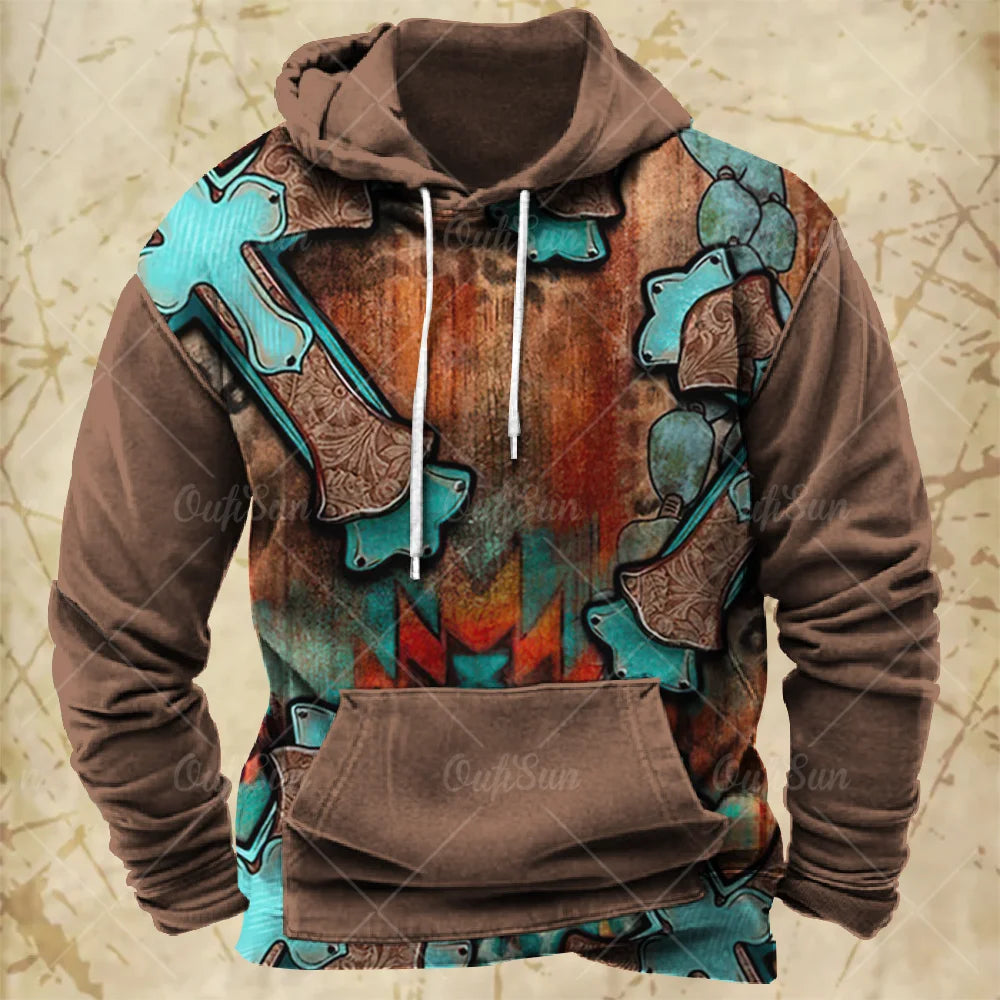 Men Hooded Vintage Print  Sweatshirt Ethnic Style Hoodie Autumn and Winter Oversized Casual Men's Clothing Daily Street Pullover