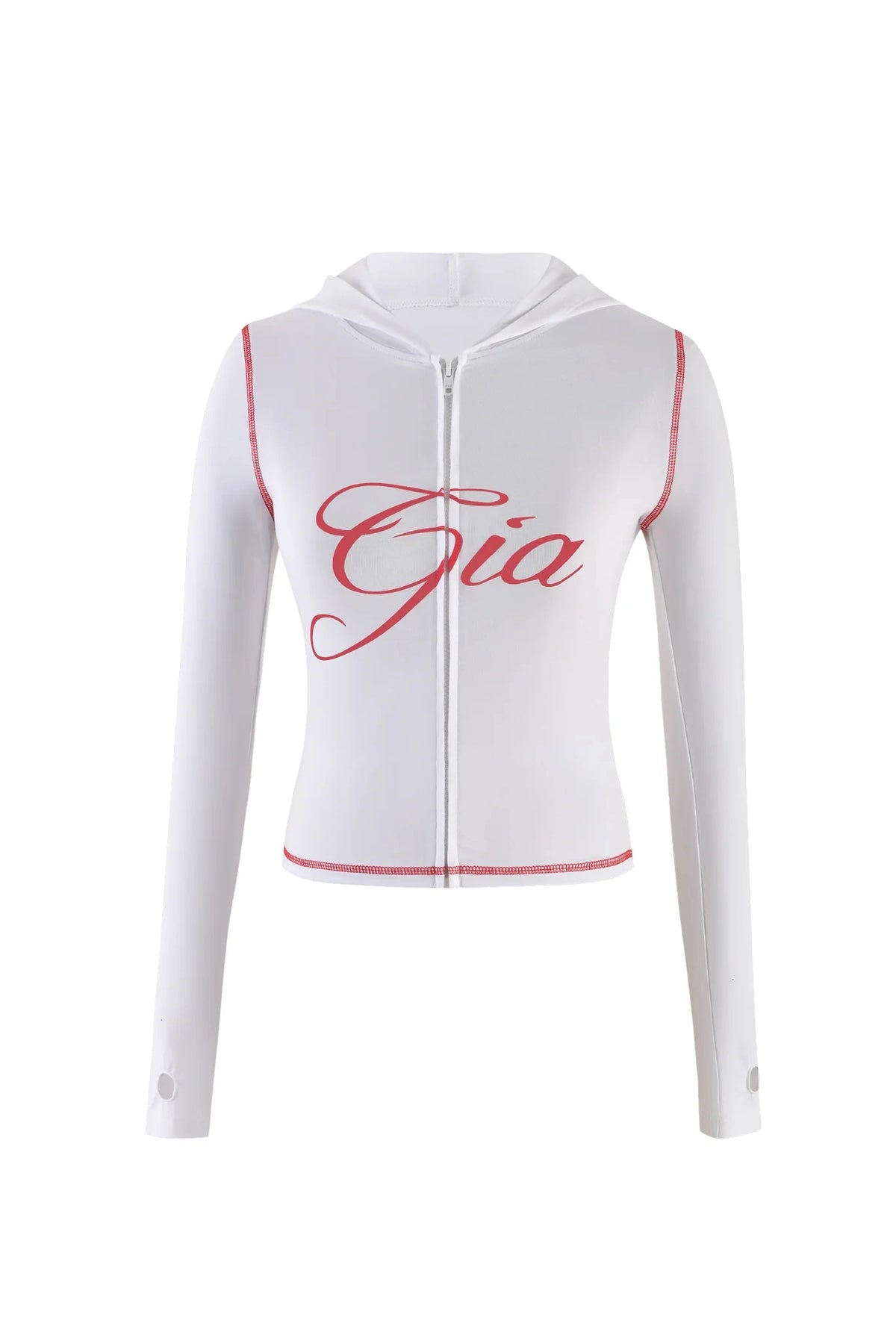 Gia neon pink regular shoulder slim-fit letter print topstitching design slim-fit hooded zip-up short jacket and pants set
