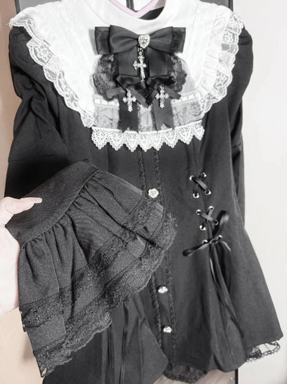 Japanese Y2 Aesthetics Vintage Bow Dress Shorts Set Women Gothic Lolita Style Long Sleeve Shirt Dress Elegant Party Dress Suits