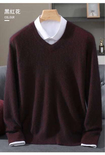 Men's 100% Pure Mink Cashmere Sweater V-neck Pullover Knit Bottoming Shirt Autumn And Winter New Long-Sleeve High-End Mink Tops