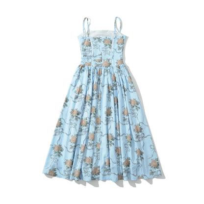 YENKYE Lace Trim Floral Print Sexy Sling Dress Women Elegant A-line Midi Summer Vacation Party Dresses New 2026 Clothes