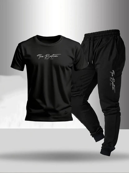 Hot selling summer men's letter printed micro elastic comfortable round neck T-shirt pants set outdoor fashion two-piece set