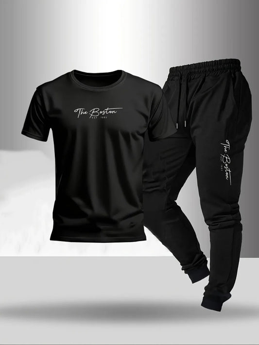 Hot selling summer men's letter printed micro elastic comfortable round neck T-shirt pants set outdoor fashion two-piece set