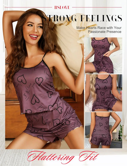 Women's Heart-Shaped Printed Pajamas Set Sexy Pajamas Silk Pleated Vest Shorts Set Soft and Comfortable Home Wear Sweet and Cute