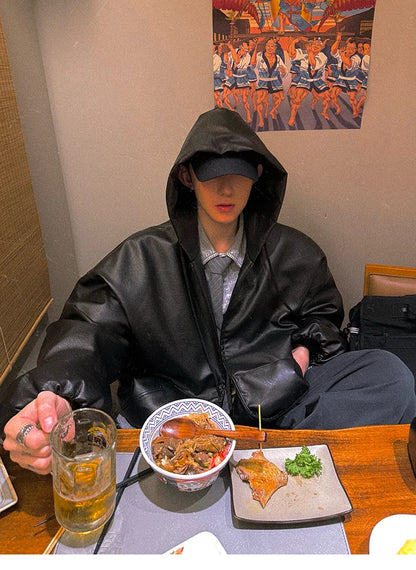 Mauroicardi Spring Autumn Short Oversized Black Soft Pu Leather Jacket Men with Hood Zipper Loose Casual Korean Fashion Clothes