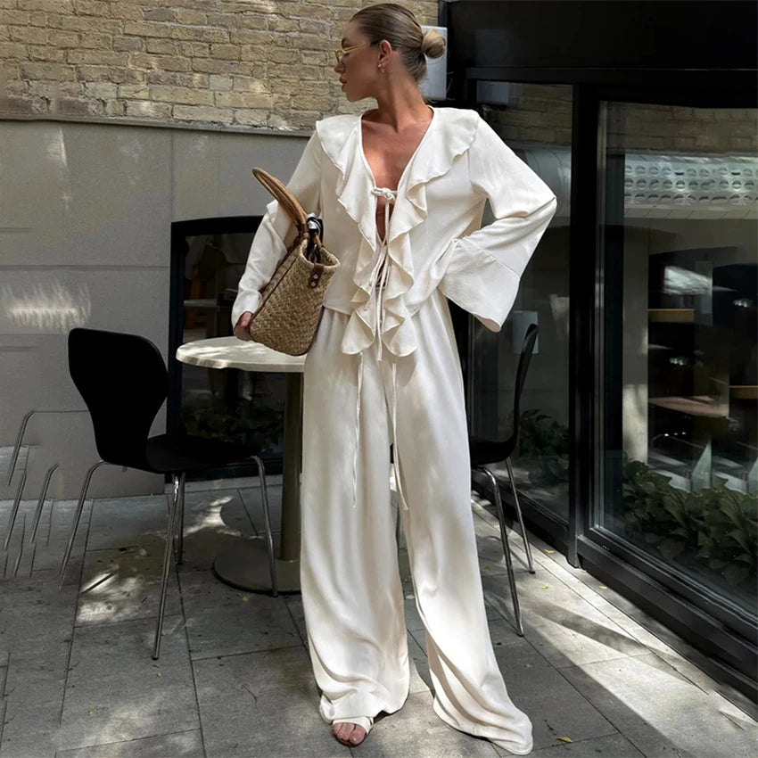 Linad Casual Loose Apricot Outfits Fashion Ruffles Flare Sleeve Blouse With High Waist Pant 2 Piece Sets Summer Long Pants Suits