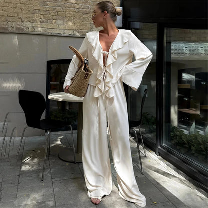 Linad Casual Loose Apricot Outfits Fashion Ruffles Flare Sleeve Blouse With High Waist Pant 2 Piece Sets Summer Long Pants Suits