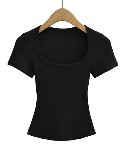 Women's Square Collar Slim Fit Crop Top High Stretch Short Sleeve Pullover Sexy Summer Blouse T-shirt Bottoming