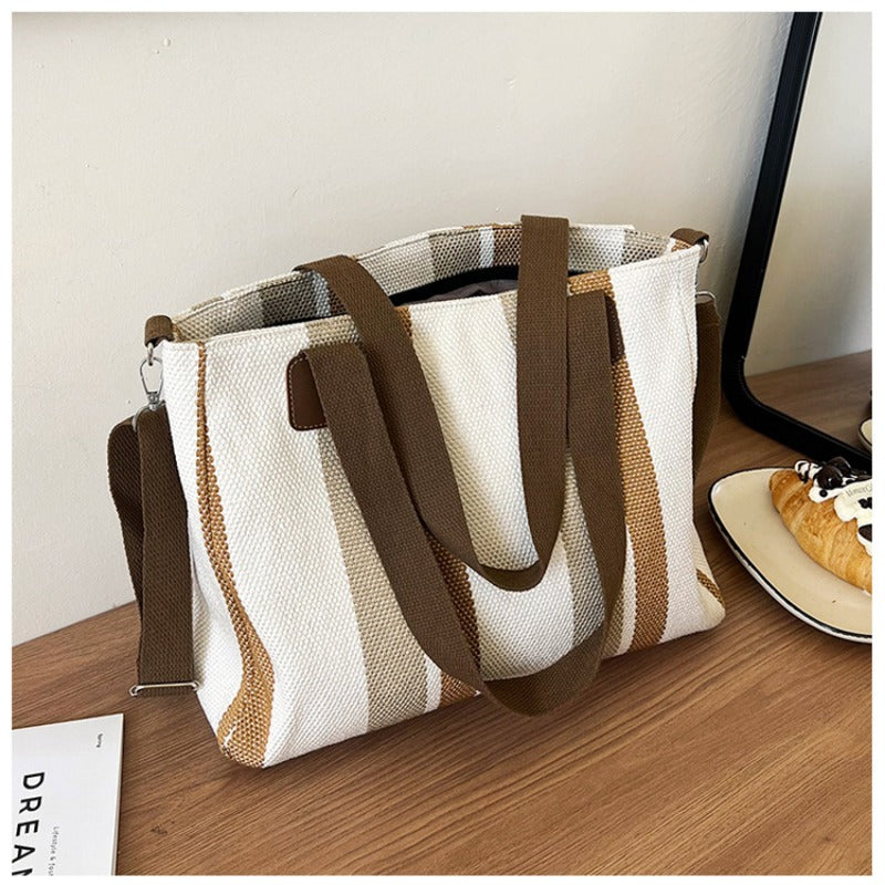 Striped Canvas Tote - Women's Crossbody Shoulder Bag With Zipper Closure, Versatile Daily Use