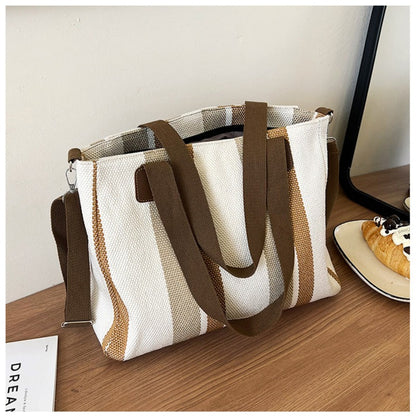 Striped Canvas Tote - Women's Crossbody Shoulder Bag With Zipper Closure, Versatile Daily Use