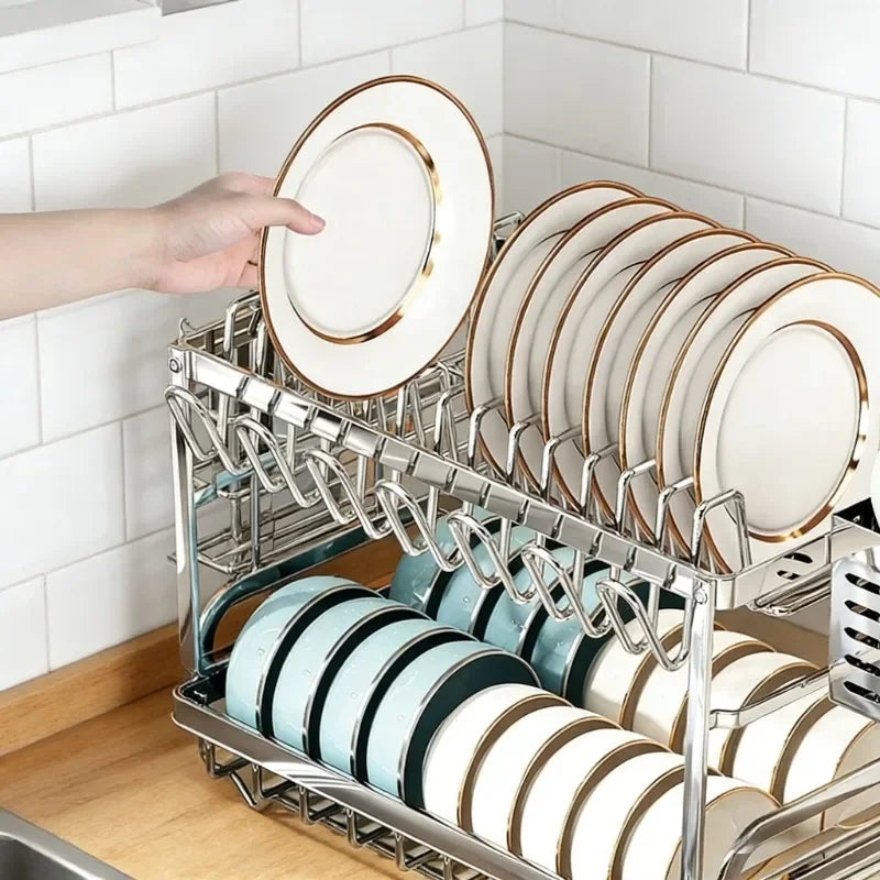 Stainless Steel 2 Tier Dish Rack Adjustable Countertop Organizer Bowl Drainer Multifunctional Kitchen Utensil Storage Holder Hom