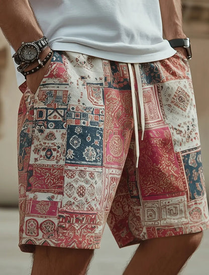Men's Boho Color Block Patchwork Casual Shorts, Retro Ethnic 3D Print Elastic Drawstring Waist Shorts, Spring Summer Beach