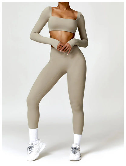 Women Yoga Suit - Quick Dry Gym Tracksuit With Long Sleeve Top & High Waist Leggings