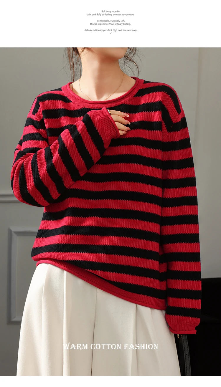 Fashion 100% pure cotton women's sweater autumn and winter casual striped knitted top loose Korean round neck women's pullover