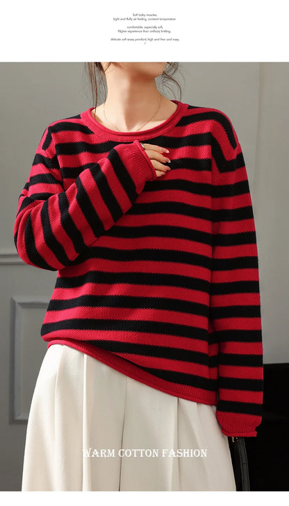 Fashion 100% pure cotton women's sweater autumn and winter casual striped knitted top loose Korean round neck women's pullover