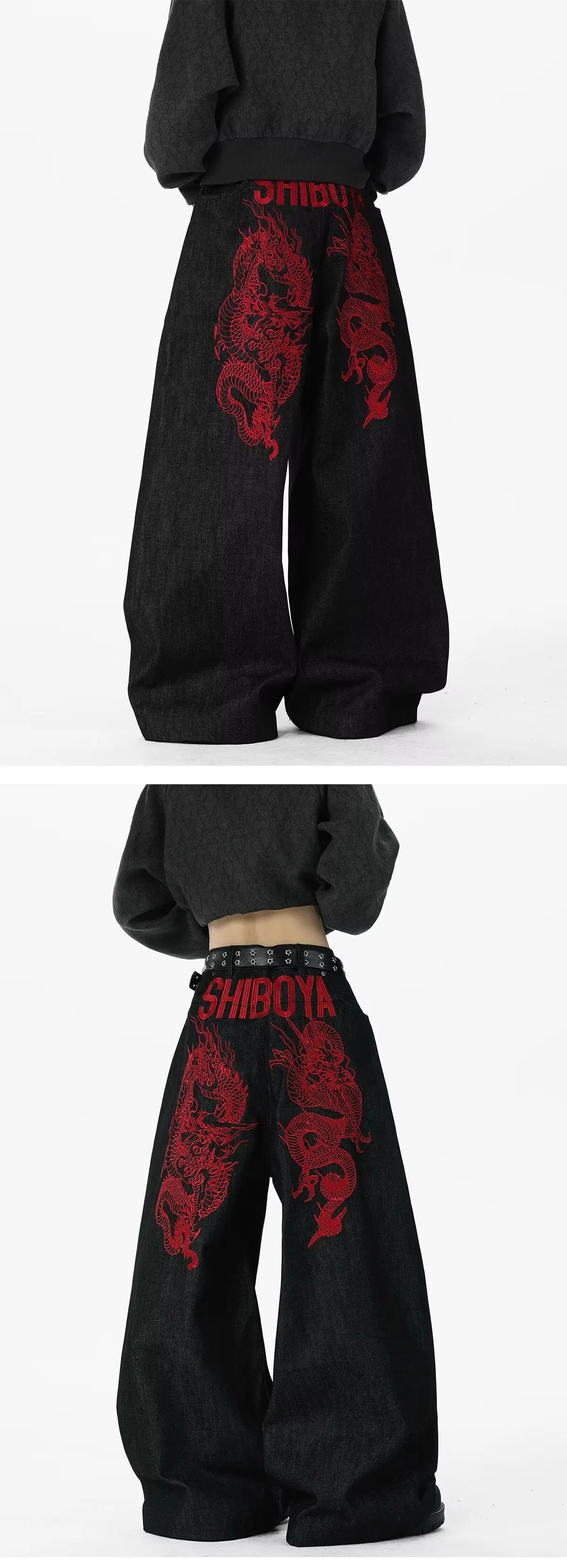 Retro Red Dragon Embroidery Wide Leg Knife Edge Jeans  for both men and women Y2K street cool floor length wide leg pants