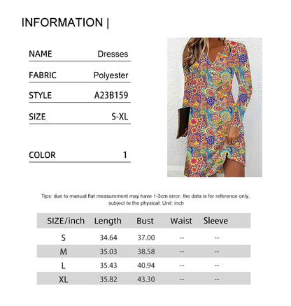 Women's Printed A-Line Dress – Long-Sleeve V-Neck Ruffle Summer Dress