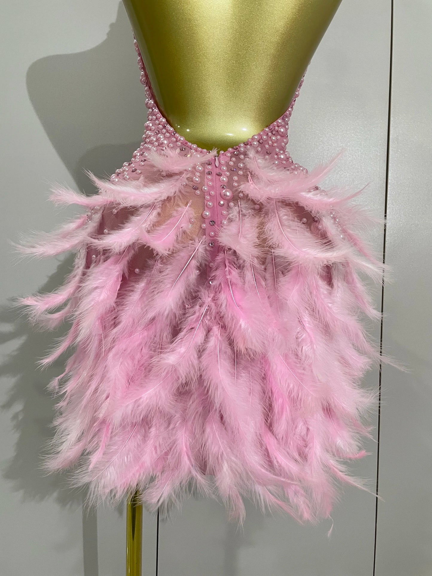 Backless Halter Dress - Women's Party Mini Sheath With Rhinestone & Feather Details
