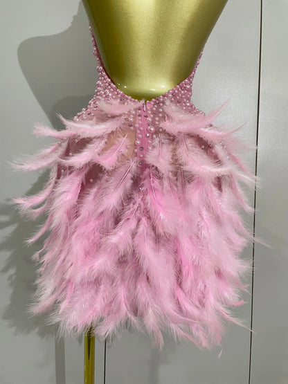 Backless Halter Dress - Women's Party Mini Sheath With Rhinestone & Feather Details