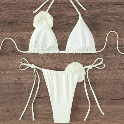 3D Flower Halter Bikini Set - Sexy Womens Swimwear - ZOOMNSTORE