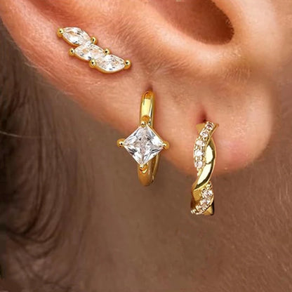 Square Zirconia Hoop Earrings Set – 3 Pairs, Stainless Steel
