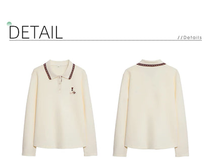 Polo Neck T-shirt - Long Sleeve Apricot Top With Embroidery Detail | Casual Women Shirt