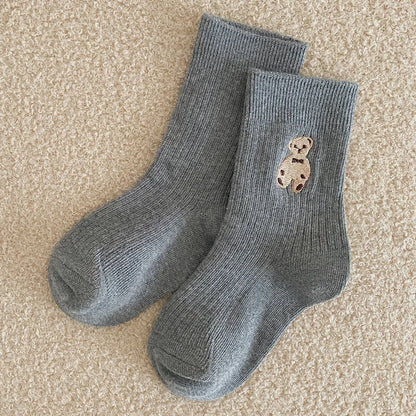 1 Pairs Cotton Kids Socks Korean Retro Style Bear Embroidery Girls Boy Toddler Knitted Socks Warmth Tube Socks For 1-9 Year