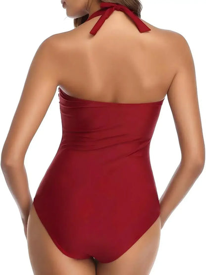 2026 Ruched Halter Swimsuit Women One Piece Sexy High Neck Swimwear Female Solid Bathers Bathing Swimming Suit Summer Beachwear