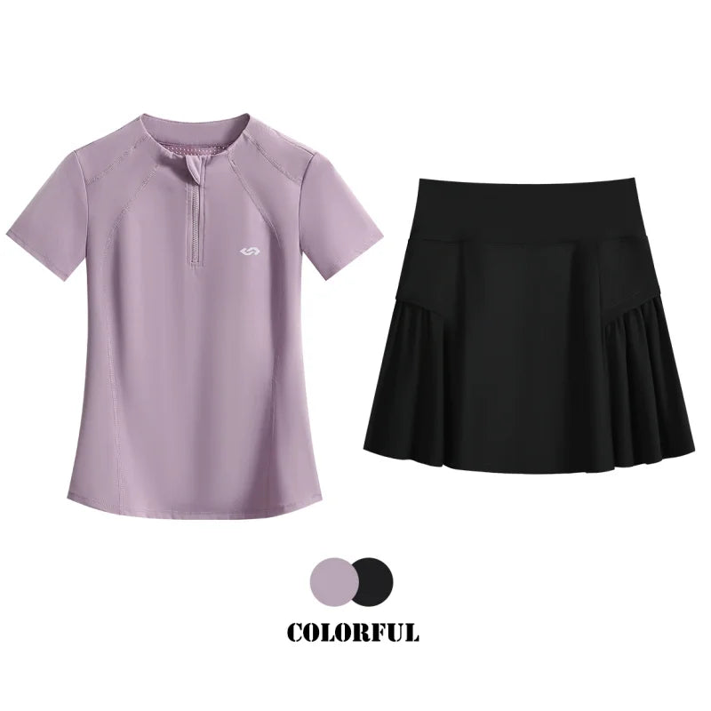 DRUR 2pcs Tennis Skirt Set Women Summer Sports Suit 2 Piece Fitness Top Skort Sets Ladies Golf Wear Set Sportswear Outfits 2025