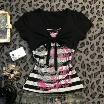 American Vintage Skeleton Aesthetic Short Sleeved Tees Women Y2k Harajuku Rock Hottie T-shirt Gorhic Retro Sexy Slim Chic Tops