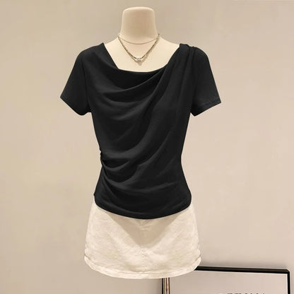 Summer Off Shoulder Top Women Summer Fashion Versatile Base Shirt Plus Size Slim Fit Short-sleeved T-shirt Casual and Sexy Beach