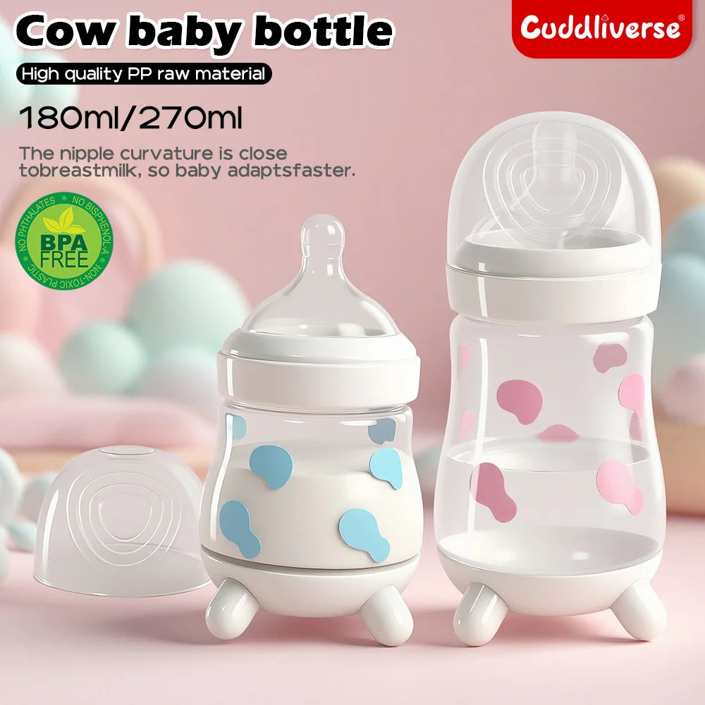 180ML/270ML cute cow shaped anti bloating baby PP bottle without handle, silicone replacement nipple available for sale