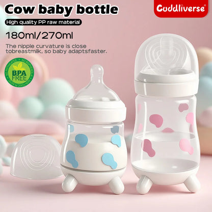 180ML/270ML cute cow shaped anti bloating baby PP bottle without handle, silicone replacement nipple available for sale