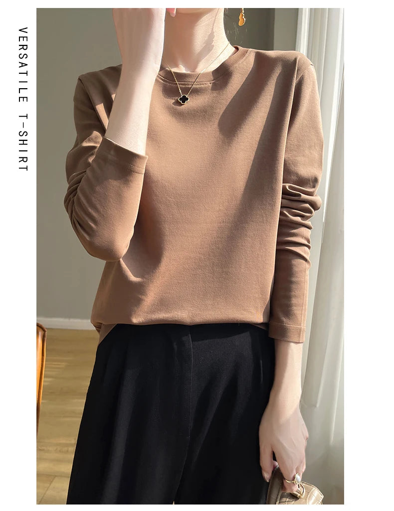 100 Cotton Womens Long-Sleeved Round Neck T-Shirt - Loose Bottoming Top for Spring  Autumn