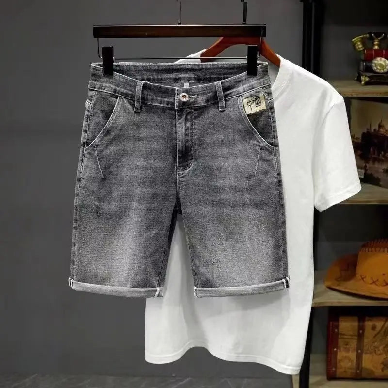 Summer Thin 2025 Denim Short Pants Men's Ruffian Handsome Straight Korean Trendy Brand Embroidered High-end Work Denim Shorts