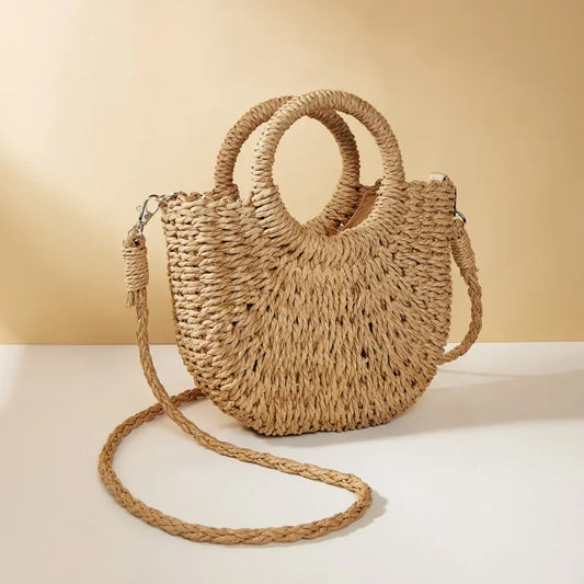 Straw Rattan Handbag – Large Capacity Half Moon Purse | Hollow Out Shoulder Bag