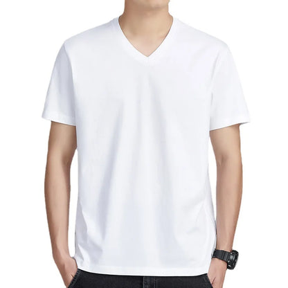 Men's Cotton T-Shirt - Comfortable Casual Loose Fit V-Neck Solid Color Tee