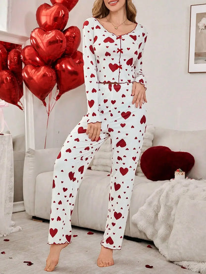 Pajamas 2 Piece Sets Women Sleepwear Loungewear Suit Top Pants Heart Print Bow Trousers Autumn Ensemble Nightwear Outfits