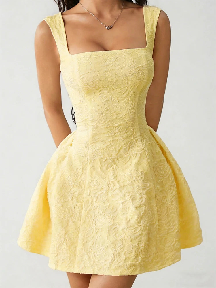 Summer New Women's Dresses Solid Sexy Sleeveless Square Neck Streetwear Fashion Floral Lace A-Line Mini Dress Female Clothing
