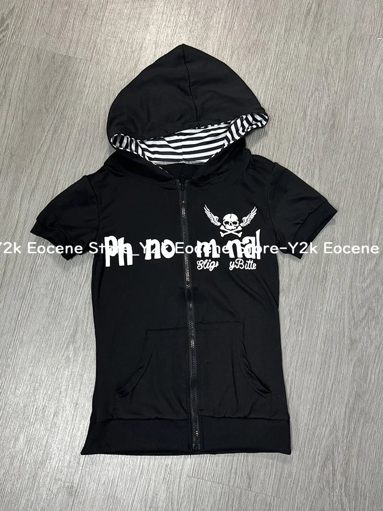Y2K Subculture Skull Print Zip Cardigan Short Sleeve Women Japan Slim Fit Striped Hoodie Casual Tops Fashion Streetwear Clothes