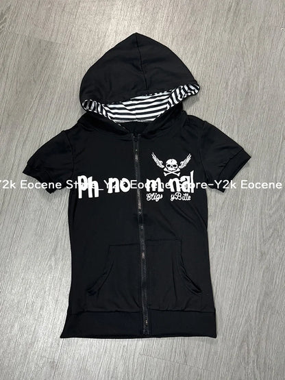 Y2K Subculture Skull Print Zip Cardigan Short Sleeve Women Japan Slim Fit Striped Hoodie Casual Tops Fashion Streetwear Clothes