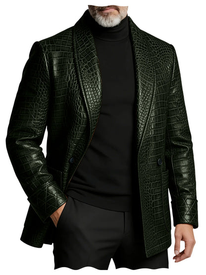 Men's Crocodile Embossed Leather Blazer Double Breasted Business Casual Brown Jacket Office Wear Formal Plus Size  Suit Coat