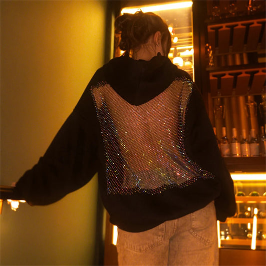 Women's Fashion Translucent Pullover Sweatshirt American Gothic Sexy Hollow Mesh Hoodie Y2K Clothes Casual Long Sleeves Jacket