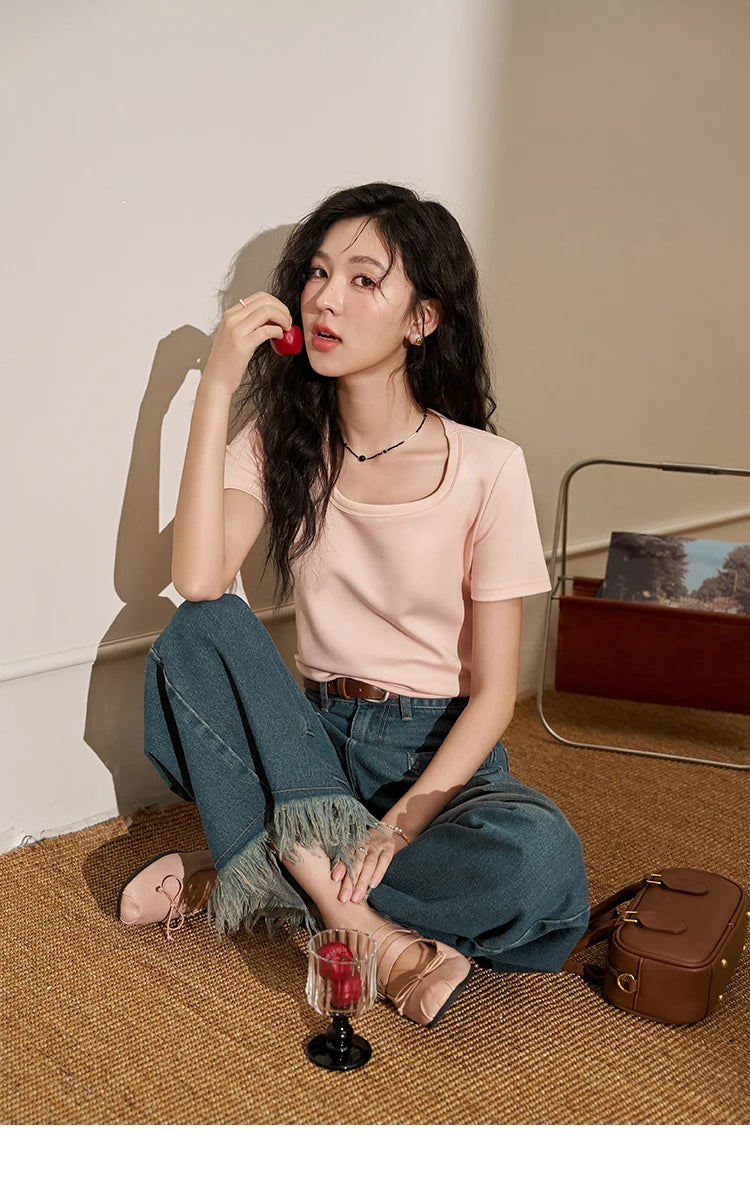 Women's Square-Neck T-Shirt – Elegant Cotton Short-Sleeve Top