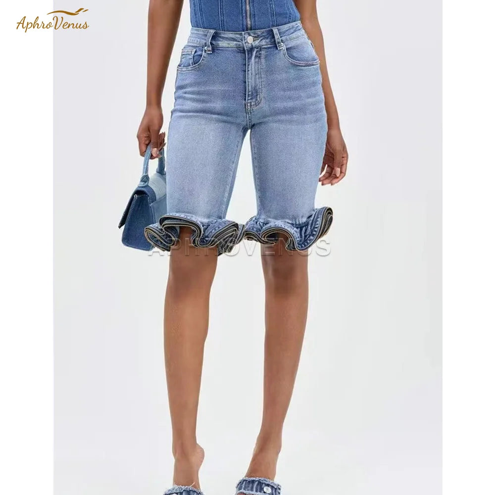 Wave Ruffle Hem Slim Denim Shorts Women Casual High Waist Slim Fit Ruffled Denim Shorts Fashion Slimming Streetwear