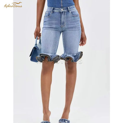 Wave Ruffle Hem Slim Denim Shorts Women Casual High Waist Slim Fit Ruffled Denim Shorts Fashion Slimming Streetwear